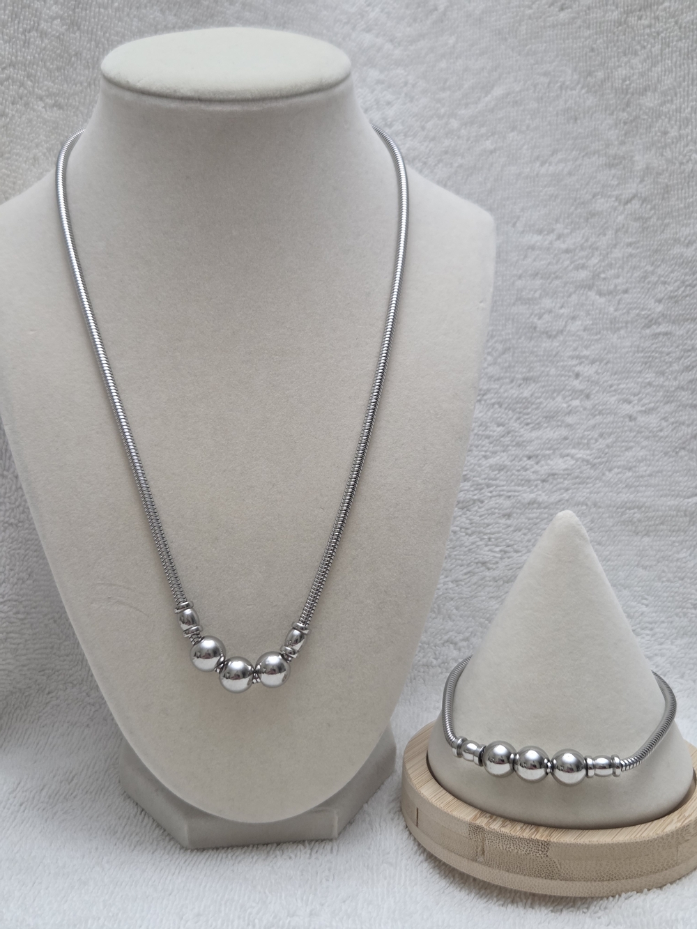 Stainless Steel Silver Tone Beaded Necklace and Bracelet Set